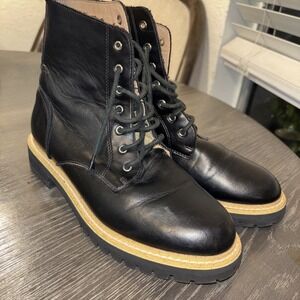 MI IM Boots Womens 7.5 Ankle Combat Heels Black Faux Leather Lace Up Round Toe